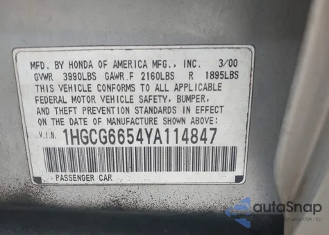 2000 Honda Accord 2.3 Lx z USA, uszkodzony, nr VIN 1HGCG6654YA114847